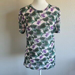 Maje Top Sheer Mesh Green Purple Floral Short Sleeve Soft Stretch Size 2 4 S M